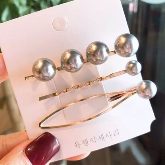 Set of 3 Black Pearl Gold Tone Hair Pins Barrettes NWT - Picture 4 of 5